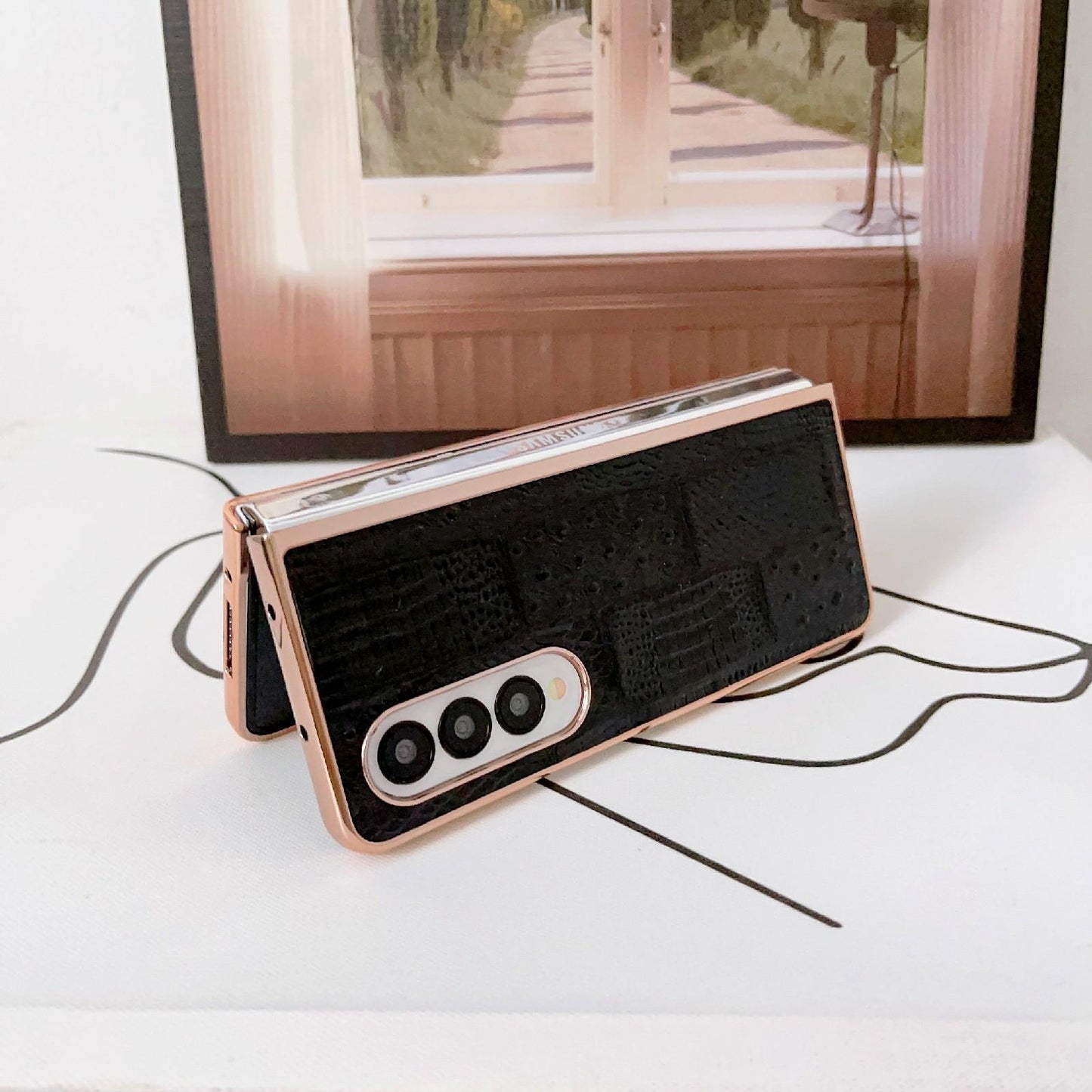 For Samsung Galaxy Z Fold4 5G Leather Mahjong Phone Case - Electroplated - Brown