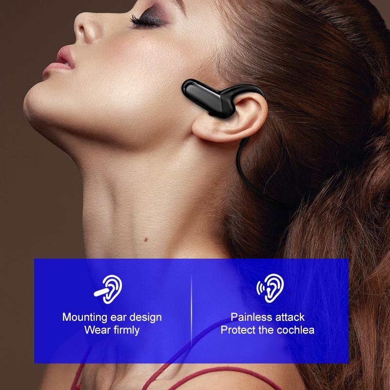 Waterproof Bone Conduction Bluetooth Earphones 5.0 for Sports - Black