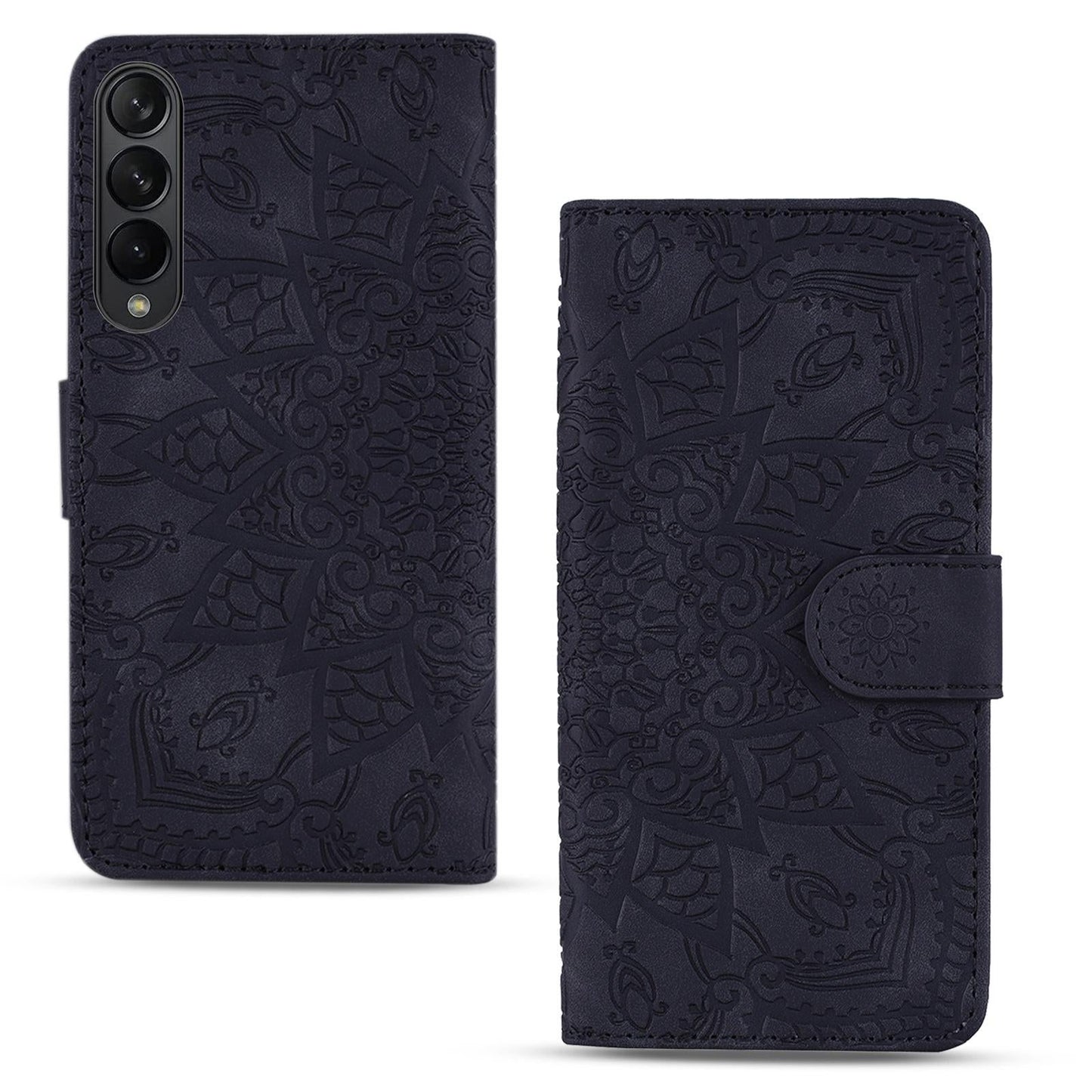 For Samsung Galaxy Z Fold4 5G Dual Fold Mandala Leather Case - Embossed Design - Black