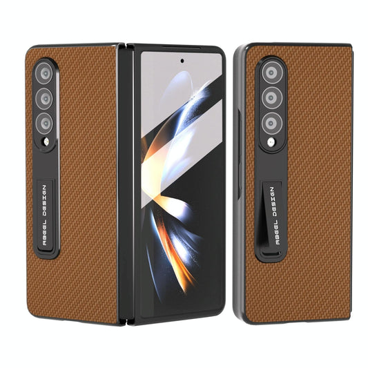 For Samsung Galaxy Z Fold4 5G Carbon Fiber Phone Case With Holder - Dark Brown