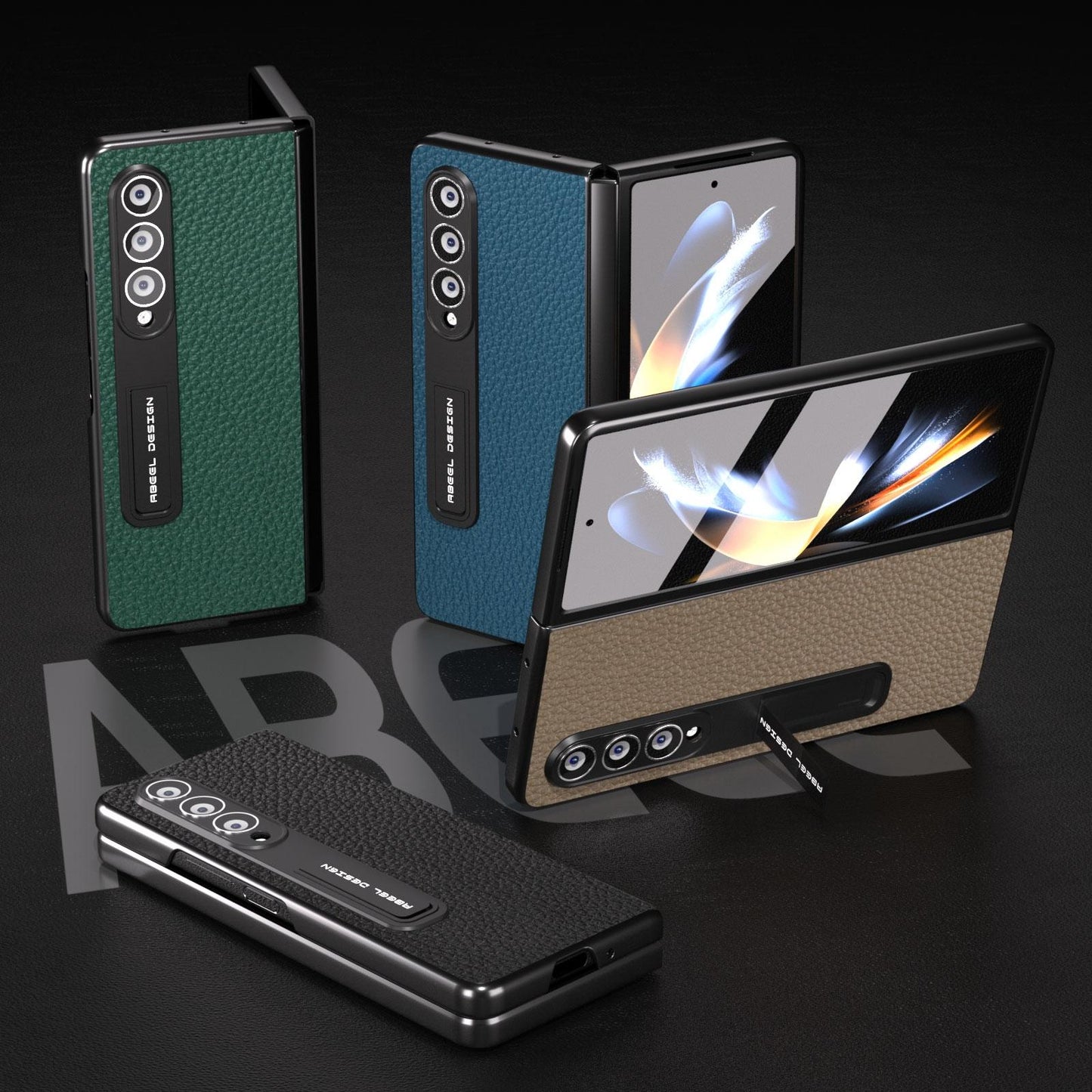 For Samsung Galaxy Z Fold4 5G Leather Phone Case With Holder - Litchi Texture - Blue