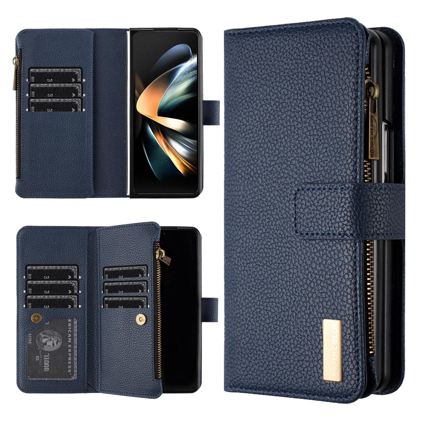 For Samsung Galaxy Z Fold4 5G Litchi Texture Zip Wallet - Blue