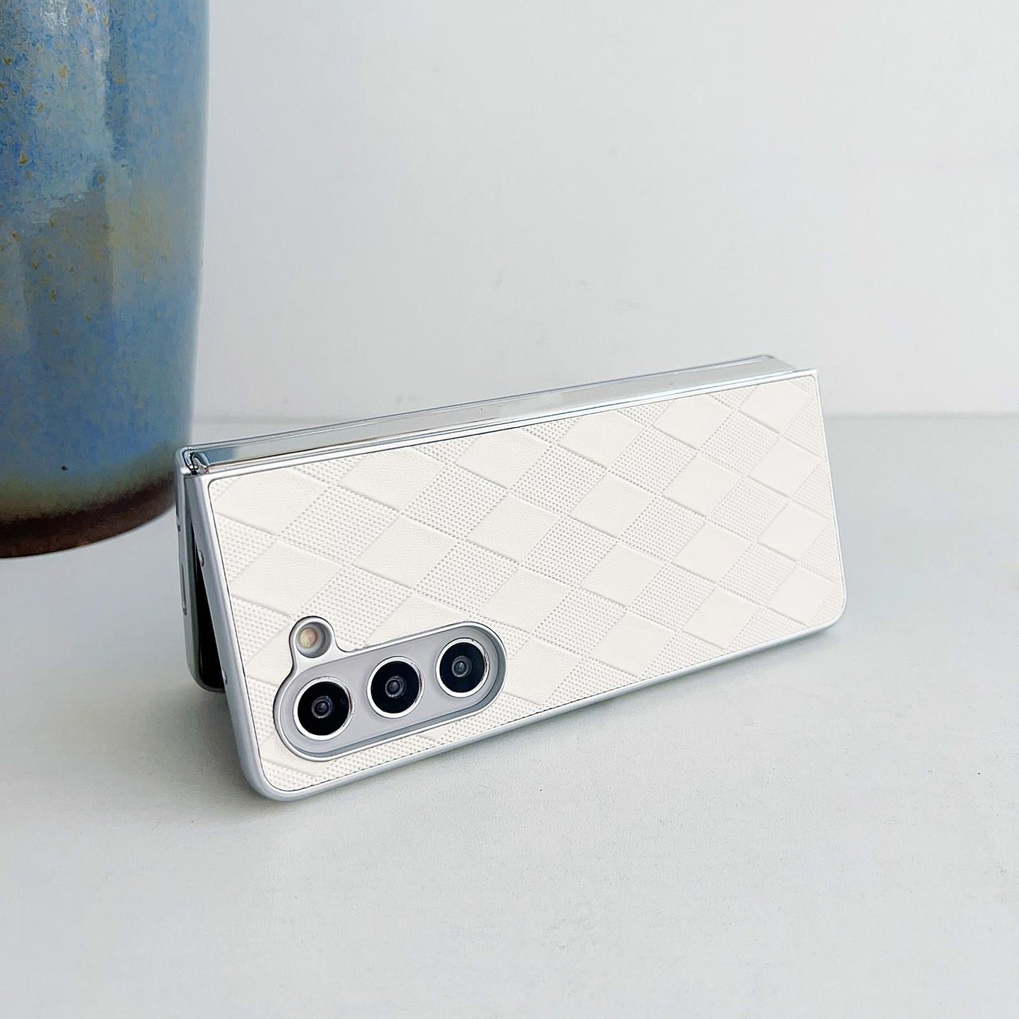 For Samsung Galaxy Z Fold4 5G Checkered Leather Phone Case With Pearlescent Finish - Silver