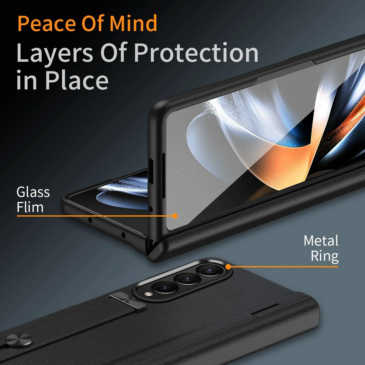 Samsung Galaxy z Fold 4 Leather Wristband Phone Case - Black