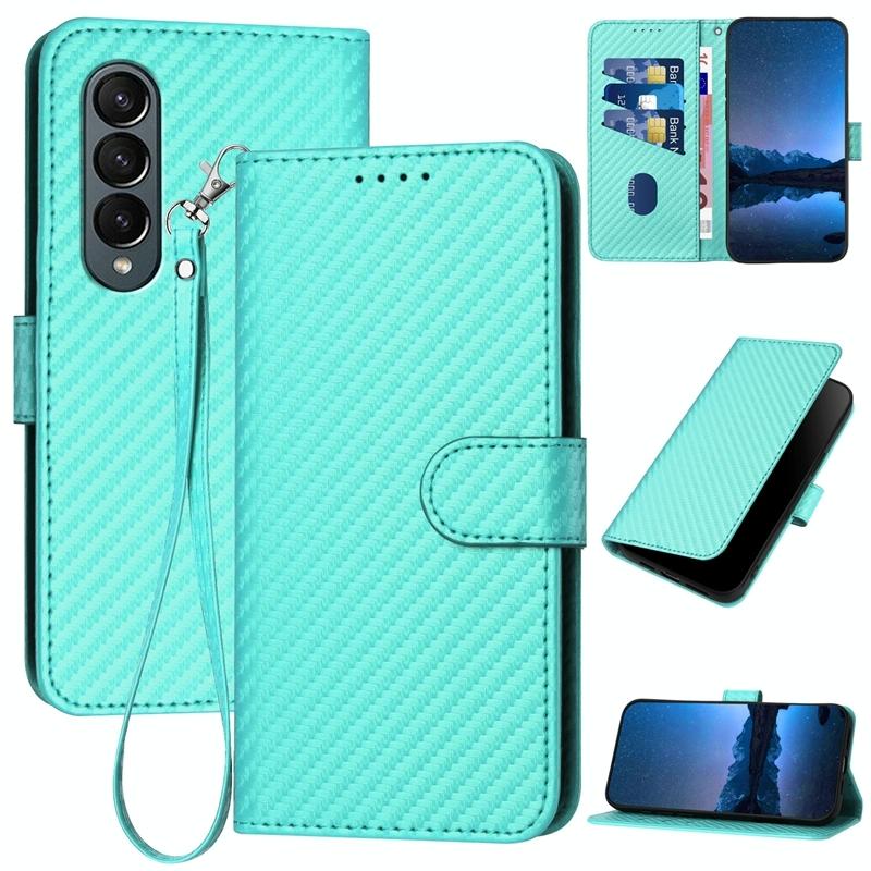 For Samsung Galaxy Z Fold4 5G Carbon Fiber Leather Phone Case With Lanyard - Light Blue