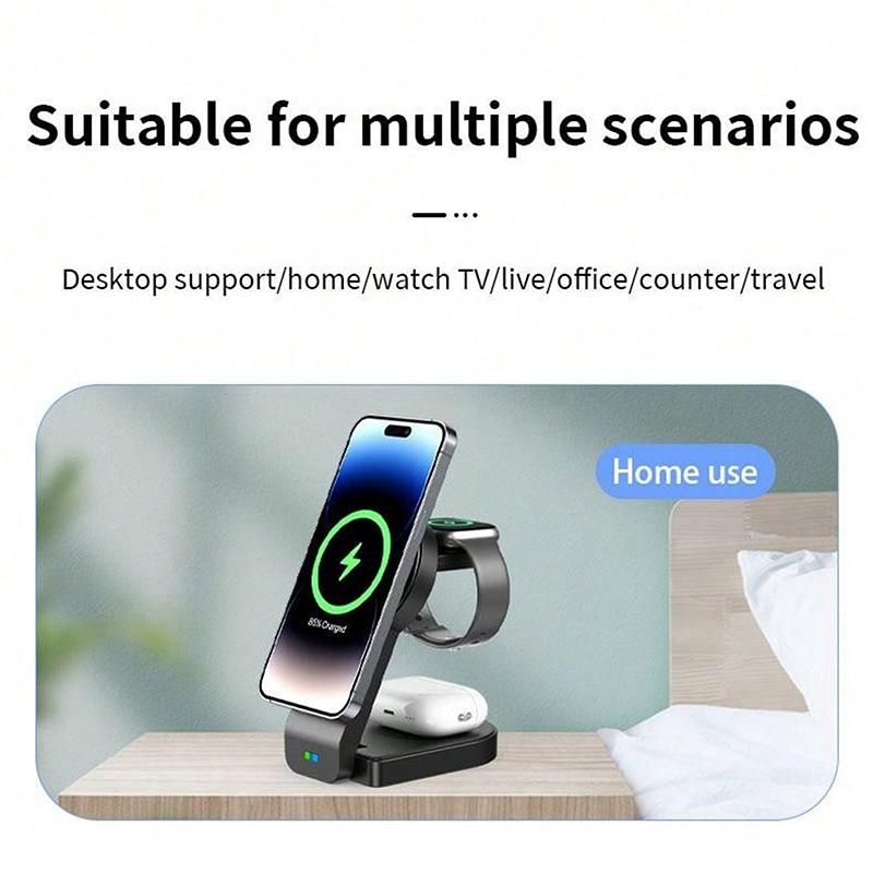 3 In 1 Foldable Magnetic Wireless Charger With Phone Holder Au Plug - Black