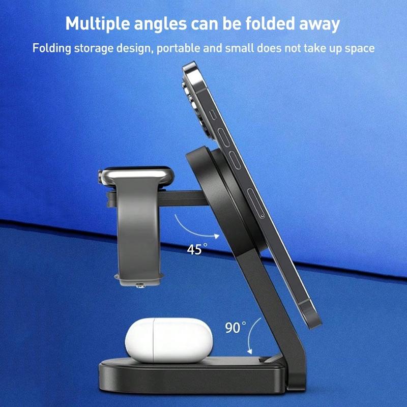 3 In 1 Foldable Magnetic Wireless Charger With Phone Holder Au Plug - Black