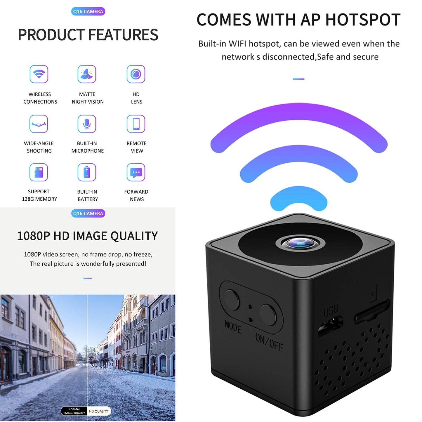 Mini Wifi Action Camera With Night Vision And Motion Detection - Black