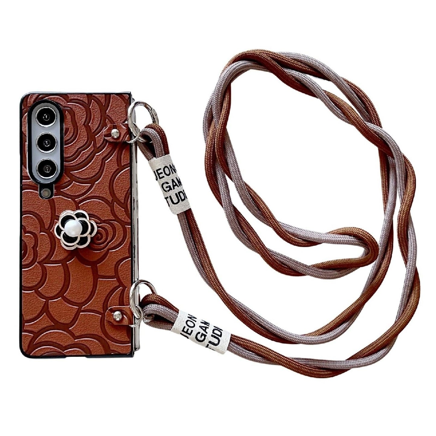 For Samsung Galaxy Z Fold4 5G Camellia Pattern Phone Case With Lanyard - Brown