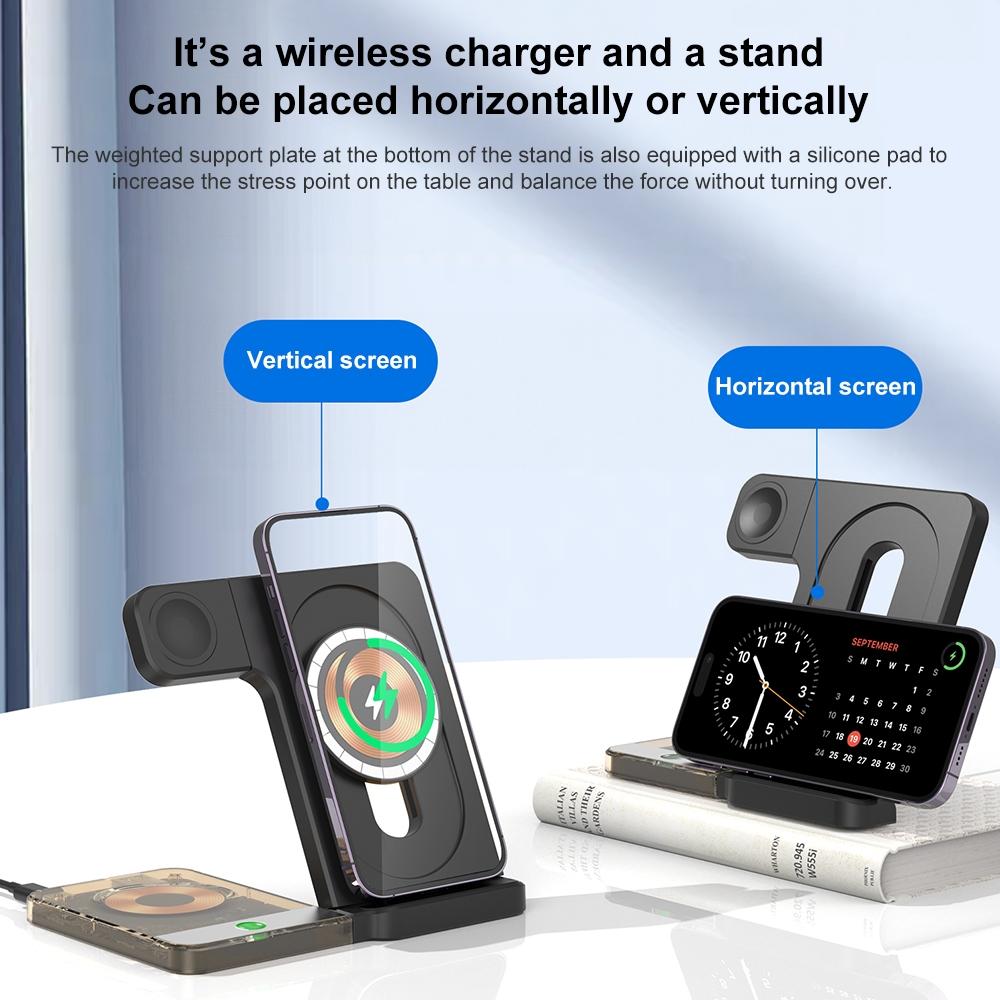15W 5 In 1 Foldable Magnetic Wireless Charger With Night Light - Black