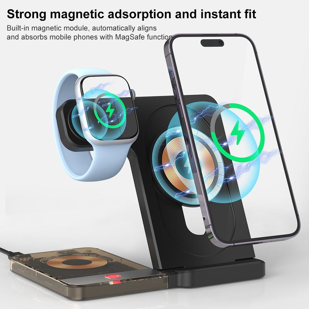 15W 5 In 1 Foldable Magnetic Wireless Charger With Night Light - Black