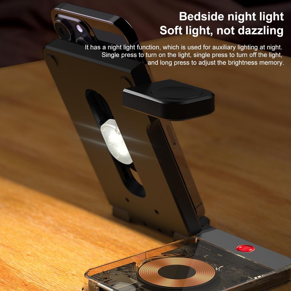 15W 5 In 1 Foldable Magnetic Wireless Charger With Night Light - Black