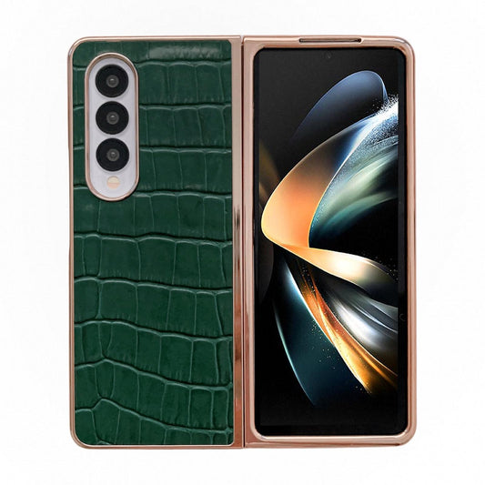 For Samsung Galaxy Z Fold4 5G Crocodile Leather Phone Case - Electroplated - Dark Green