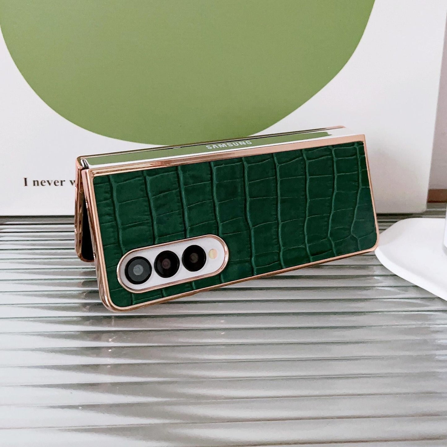 For Samsung Galaxy Z Fold4 5G Crocodile Leather Phone Case - Electroplated - Dark Green