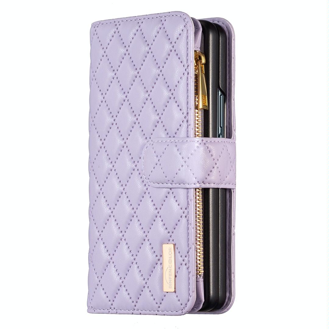 For Samsung Galaxy Z Fold4 5G Leather Zip Wallet - Diamond Lattice Design - Pink