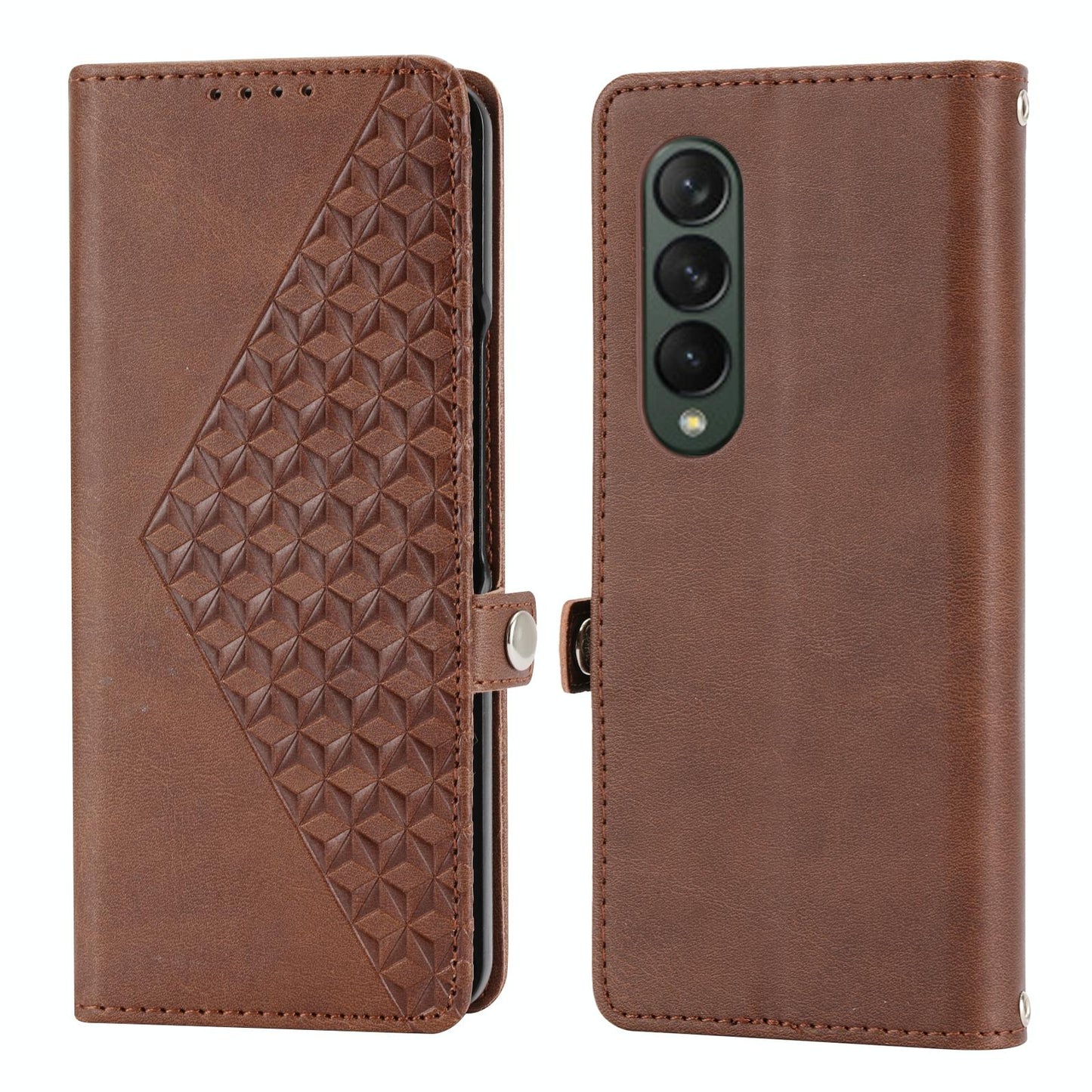 For Samsung Galaxy Z Fold4 5G Textured Leather Phone Case - Cubic Grid Design - Brown