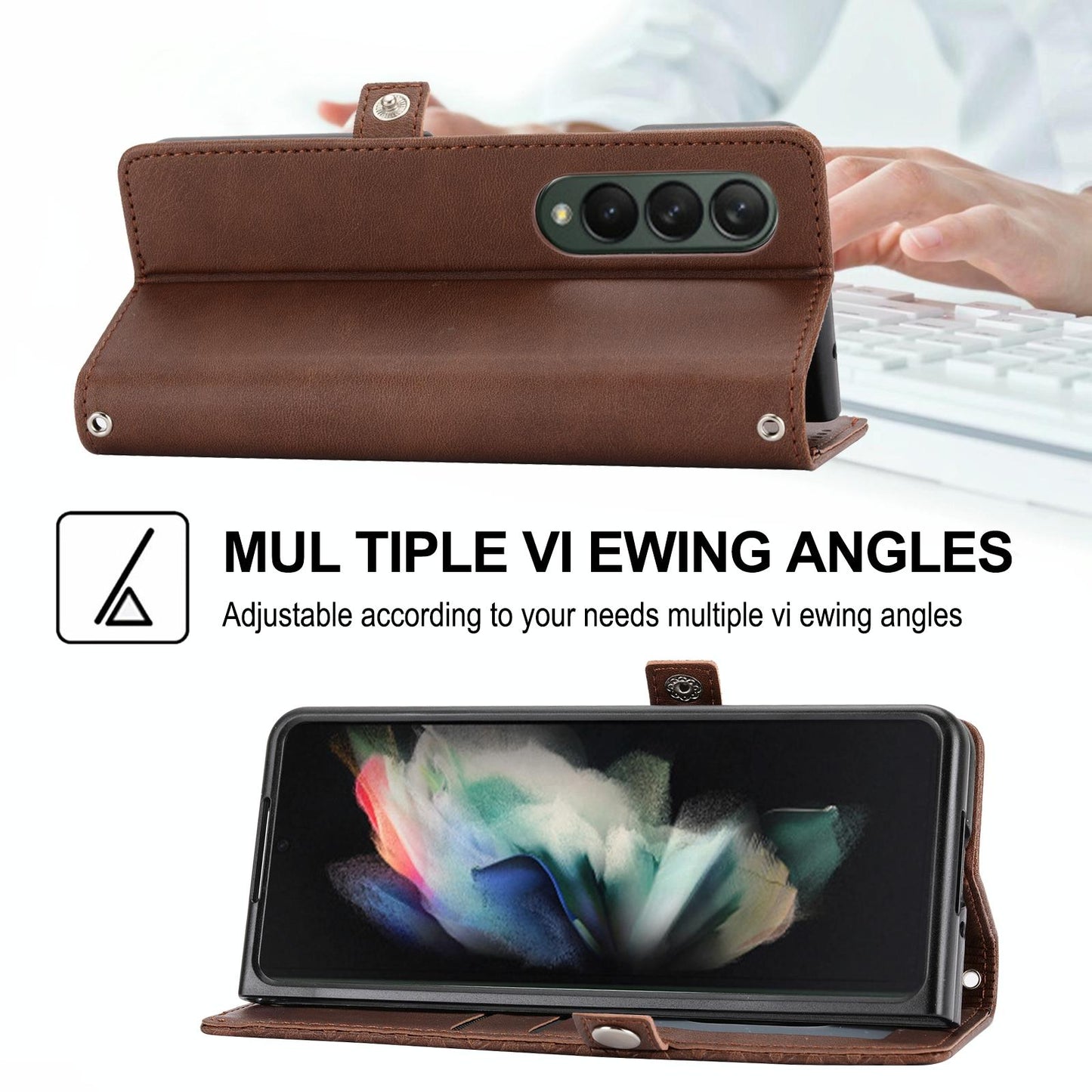 For Samsung Galaxy Z Fold4 5G Textured Leather Phone Case - Cubic Grid Design - Brown