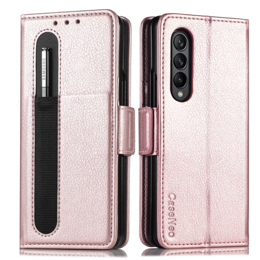 For Samsung Galaxy Z Fold4 5G Litchi Pattern Case With Pen And Card Slots - 4 - Rose Gold