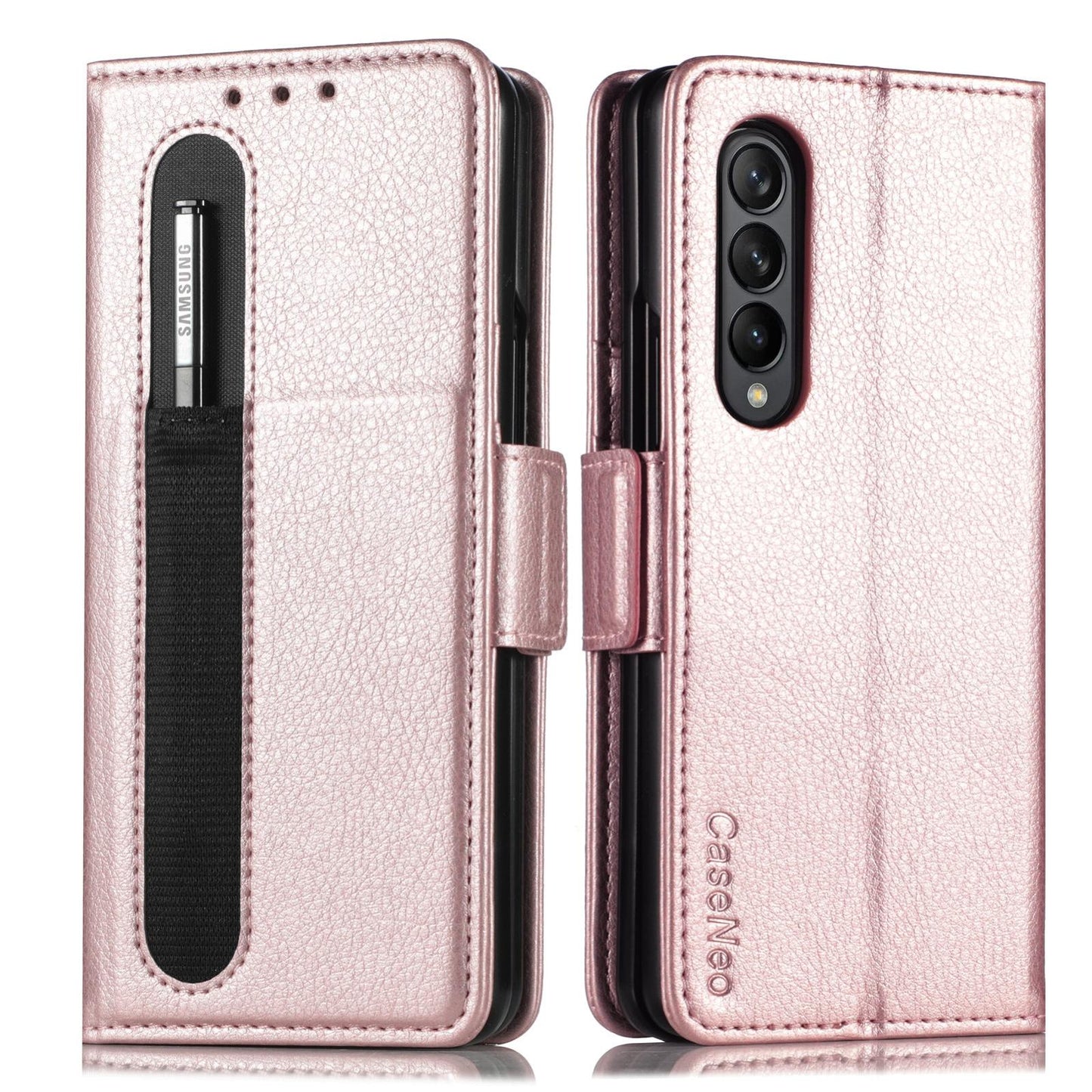 For Samsung Galaxy Z Fold4 5G Litchi Pattern Case With Pen And Card Slots - 4 - Rose Gold