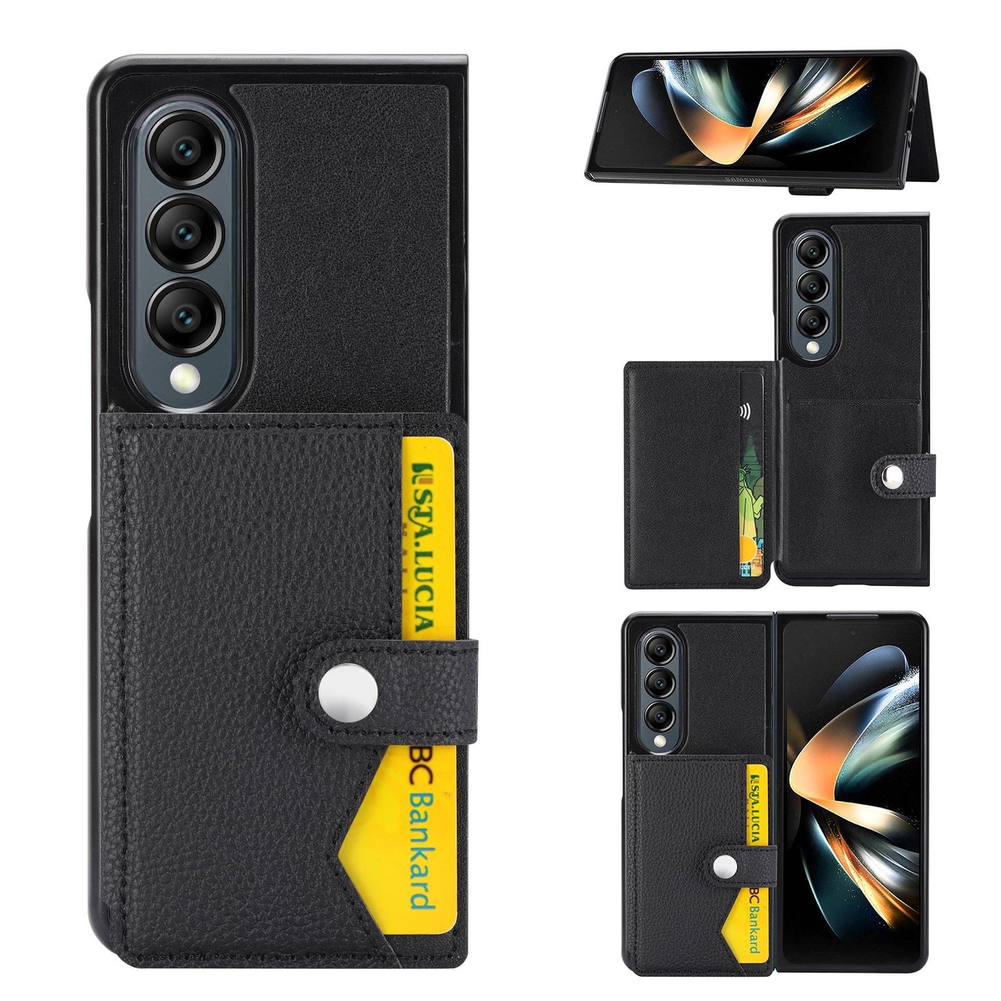 For Samsung Galaxy Z Fold4 5G Samsung Galaxy Z Fold4 Litchi Pattern Single Button Card Holder Phone Case - Brown