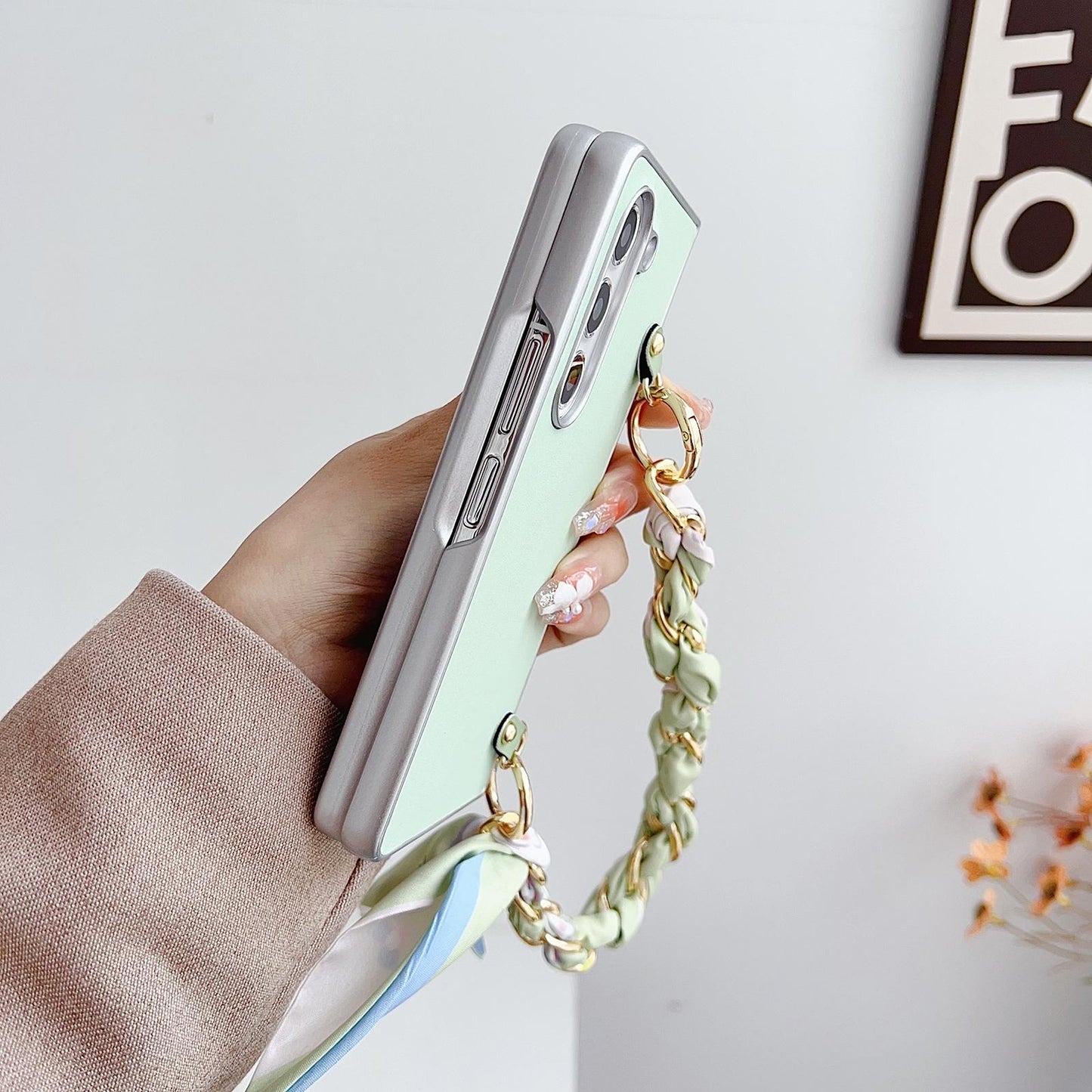 For Samsung Galaxy Z Fold4 5G Leather Phone Case With Metallic Paint And Scarf Bracelet - Purple