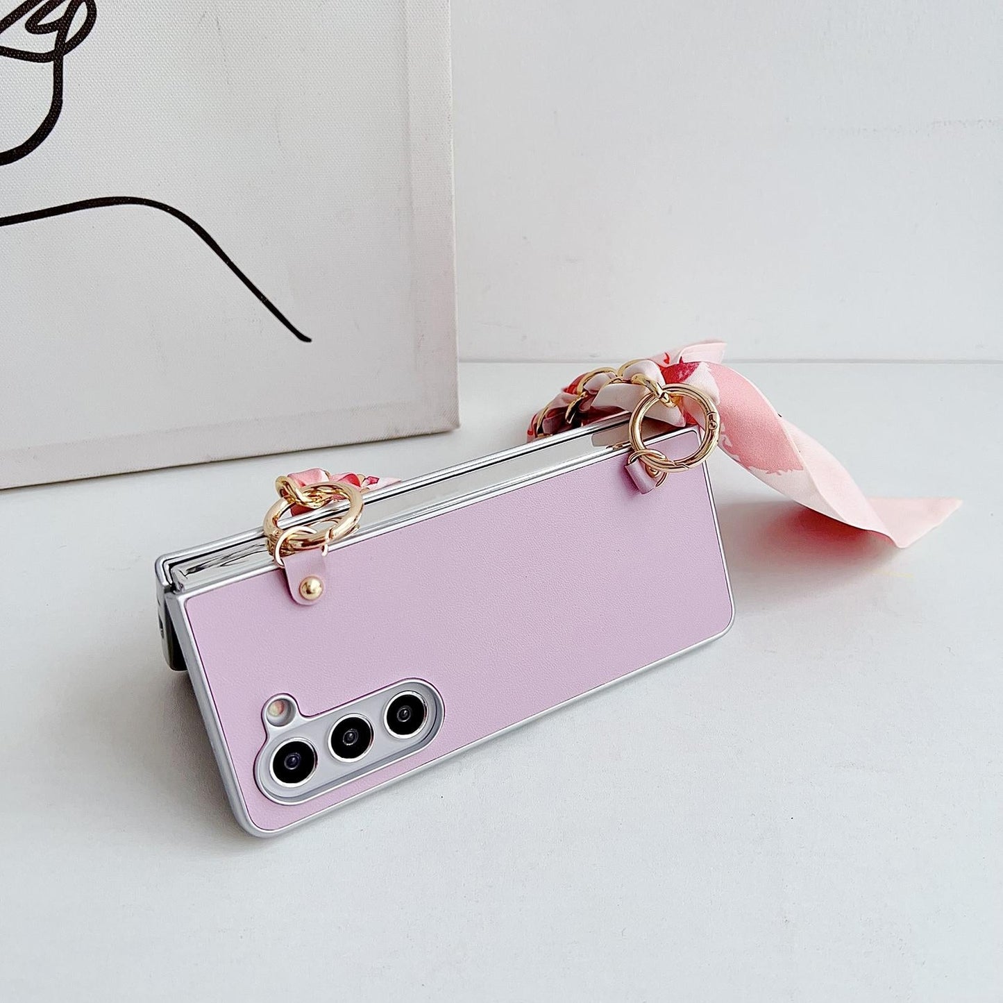 For Samsung Galaxy Z Fold4 5G Leather Phone Case With Metallic Paint And Scarf Bracelet - Purple