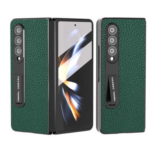 For Samsung Galaxy Z Fold4 5G Leather Phone Case With Holder - Litchi Texture - Green