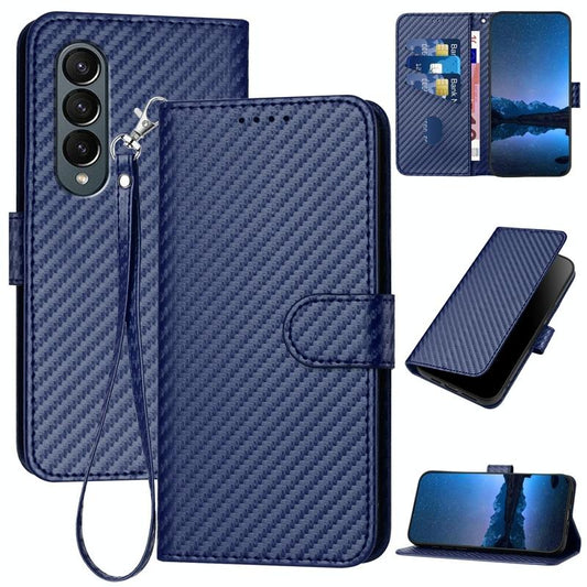 For Samsung Galaxy Z Fold4 5G Carbon Fiber Leather Phone Case With Lanyard - Royal Blue