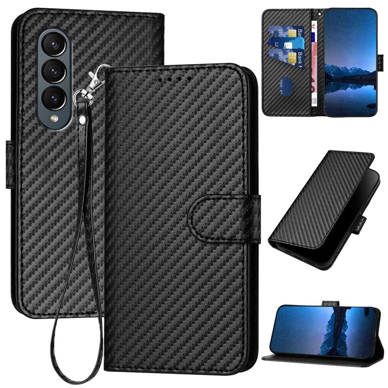 For Samsung Galaxy Z Fold4 5G Carbon Fiber Leather Phone Case With Lanyard - Royal Blue