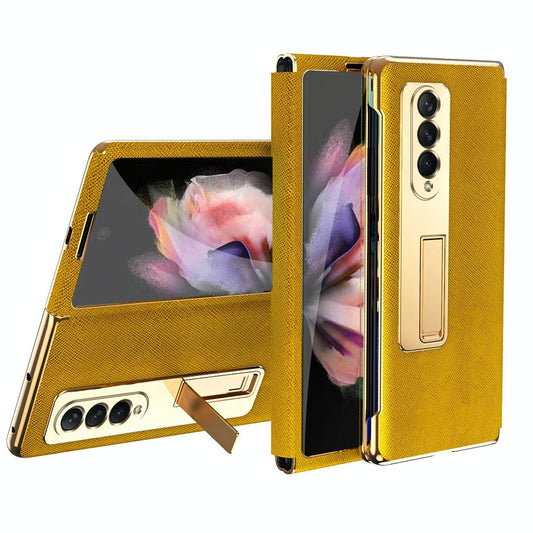 For Samsung Galaxy Z Fold4 5G Flip Case With Tempered Film - Textured Hinge - Gold