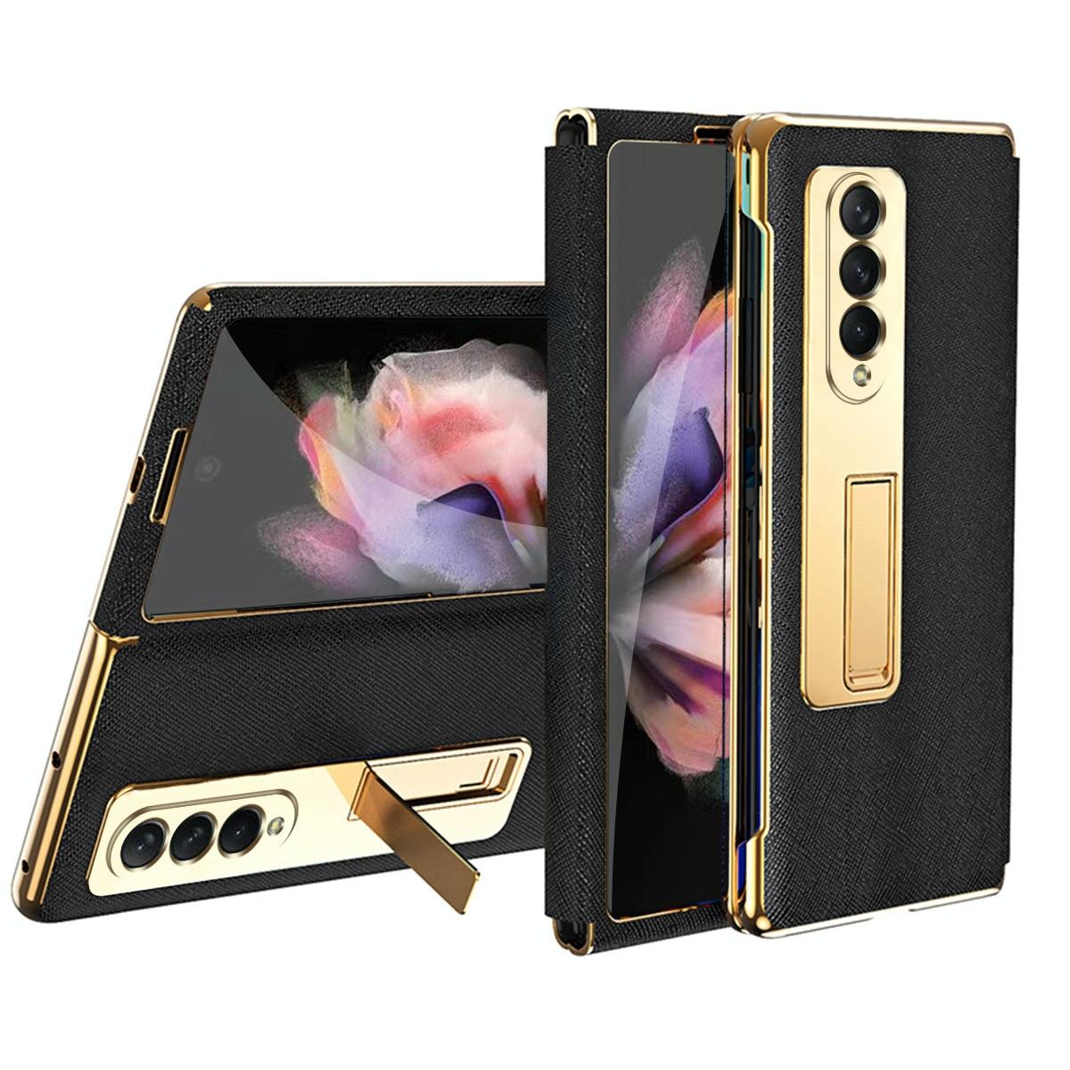 For Samsung Galaxy Z Fold4 5G Flip Case With Tempered Film - Textured Hinge - Gold