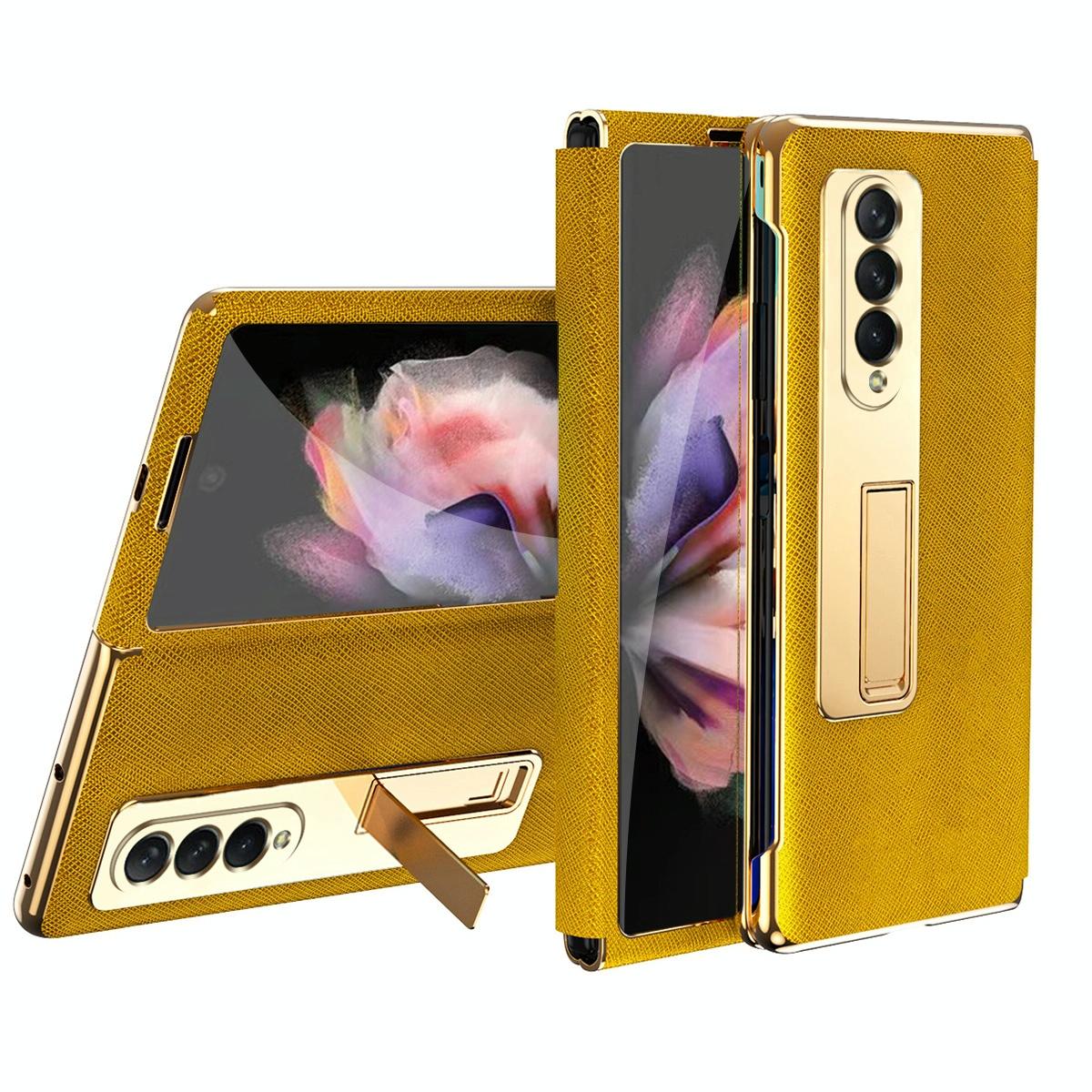 For Samsung Galaxy Z Fold4 5G Flip Case With Tempered Film - Textured Hinge - Gold