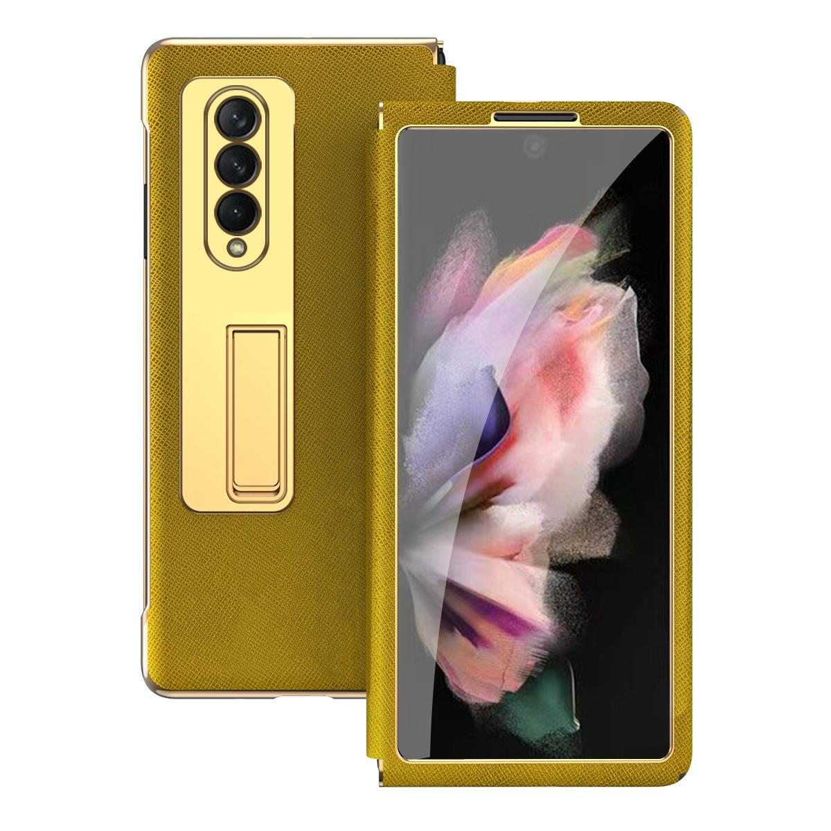 For Samsung Galaxy Z Fold4 5G Flip Case With Tempered Film - Textured Hinge - Gold