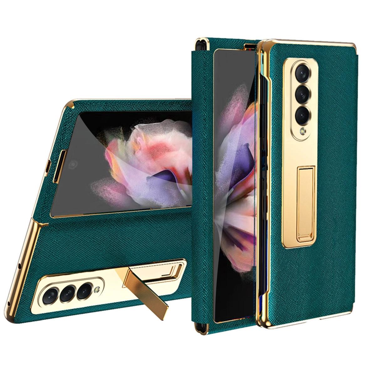 For Samsung Galaxy Z Fold4 5G Flip Case With Tempered Film - Textured Hinge - Gold