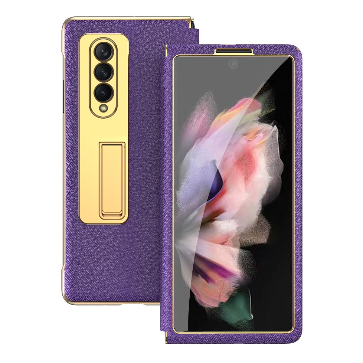 For Samsung Galaxy Z Fold4 5G Flip Case With Tempered Film - Textured Hinge - Gold