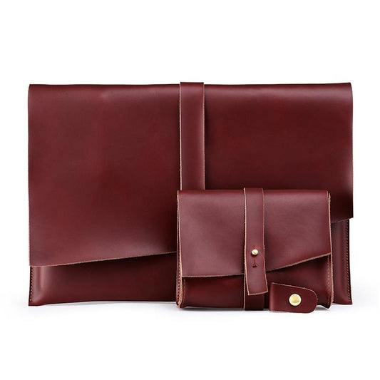 13.3 Inch Genuine Leather Laptop Bag With Power Adapter And Cable Winder - Coffee