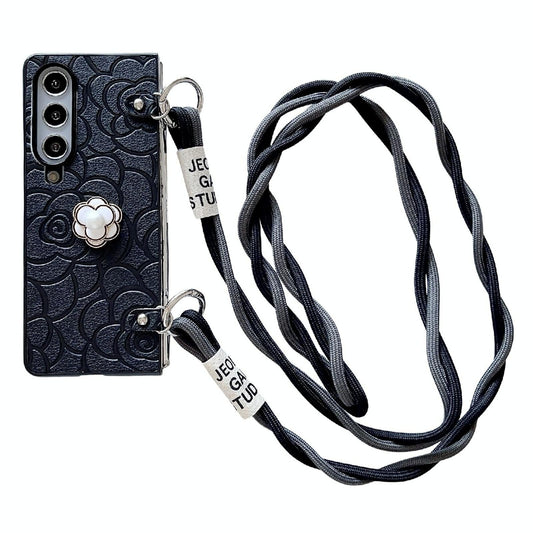 For Samsung Galaxy Z Fold4 5G Camellia Pattern Phone Case With Lanyard - Black