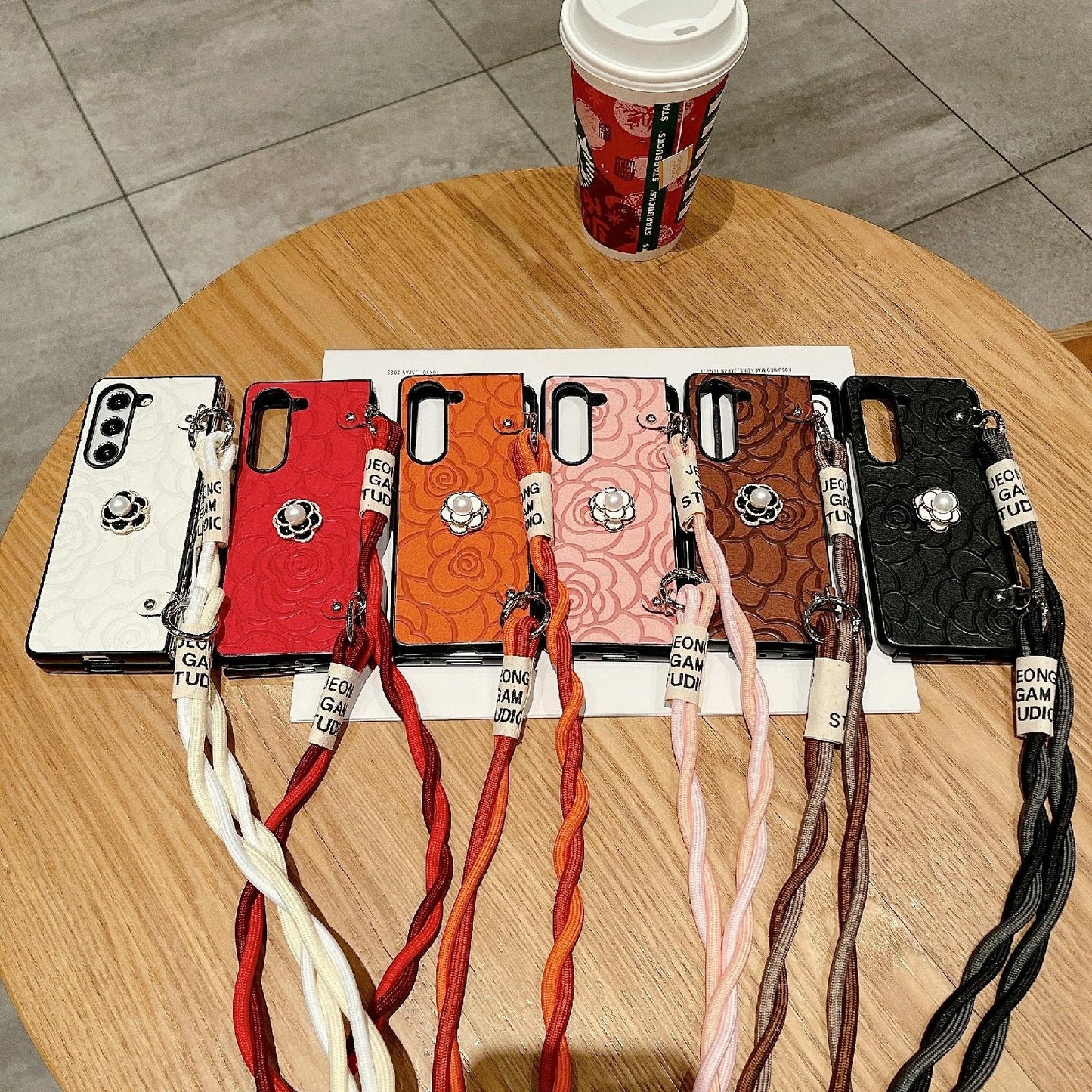 For Samsung Galaxy Z Fold4 5G Camellia Pattern Phone Case With Lanyard - Black