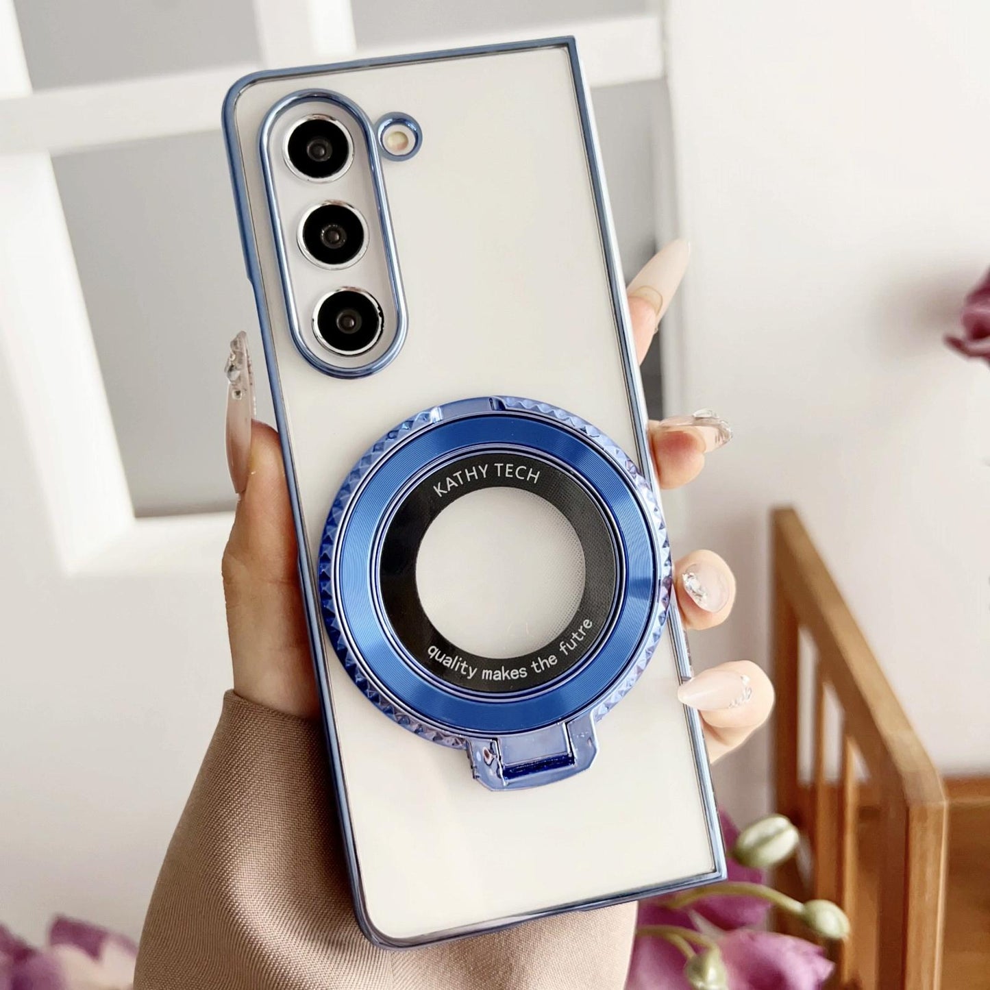 For Samsung Galaxy z Fold4 5G Shockproof Magsafe Holder for Rotating Plating Phone Case - Blue