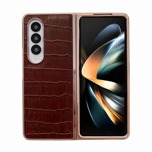 For Samsung Galaxy Z Fold4 5G Crocodile Leather Phone Case - Electroplated - Brown