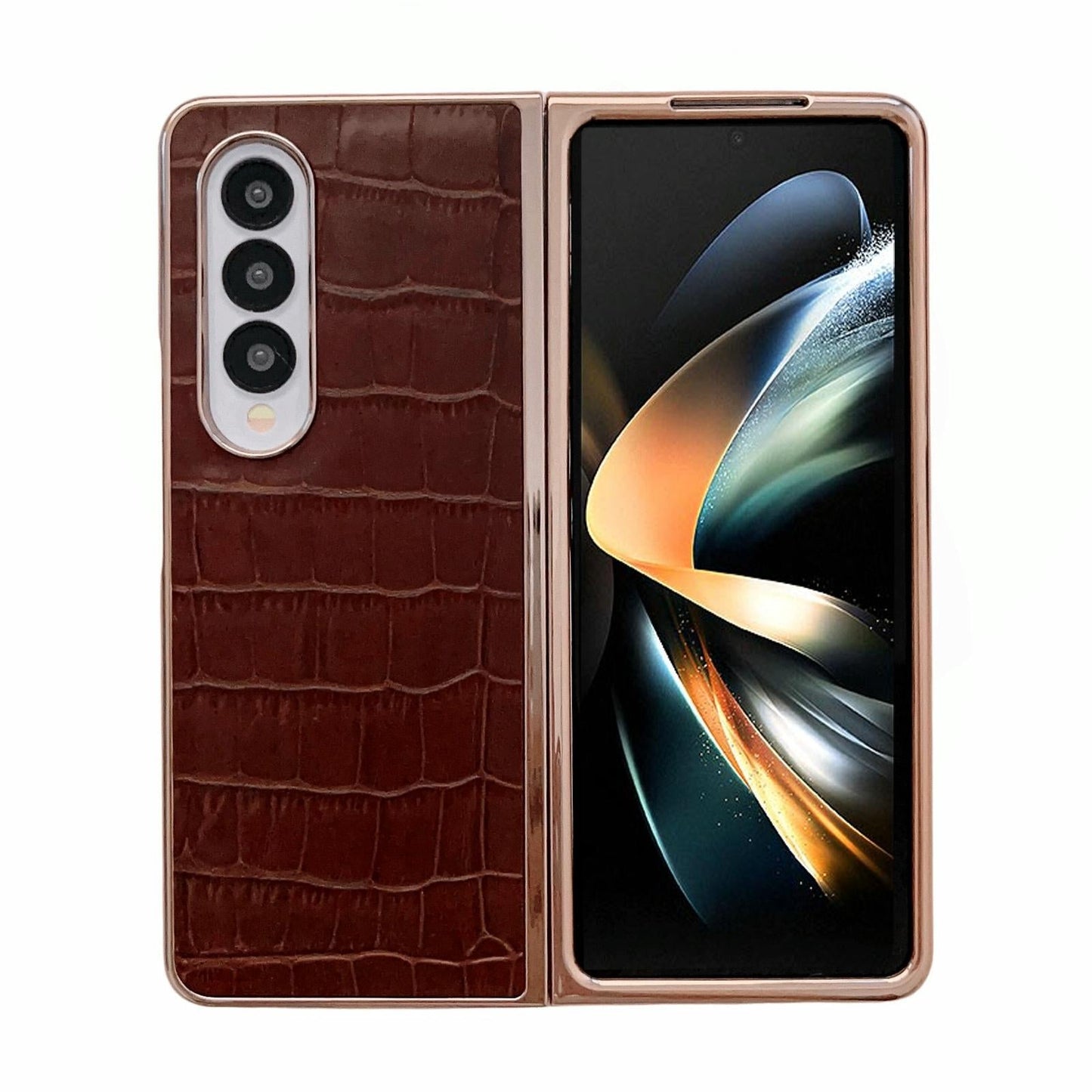 For Samsung Galaxy Z Fold4 5G Crocodile Leather Phone Case - Electroplated - Brown