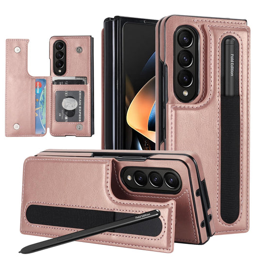 For Samsung Galaxy Z Fold4 5G Double Buckle Foldable Phone Case With Pen Slot - Rose Gold