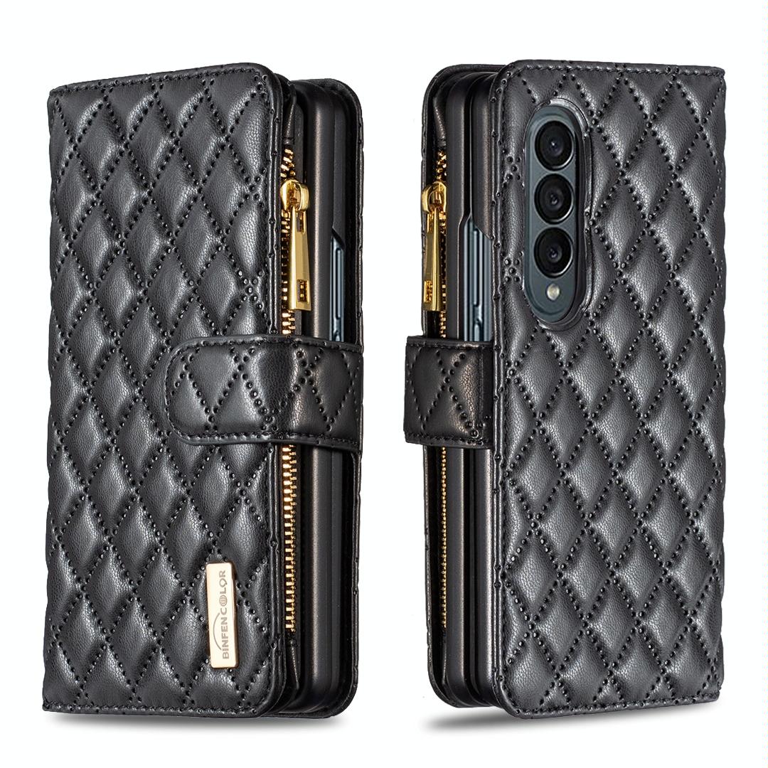 For Samsung Galaxy Z Fold4 5G Leather Zip Wallet - Diamond Lattice Design - Green