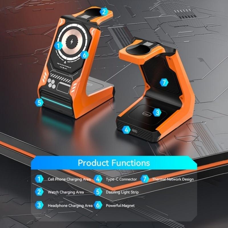 3 In 1 Wireless Charger For Mobile Phone And Earphones - Orange