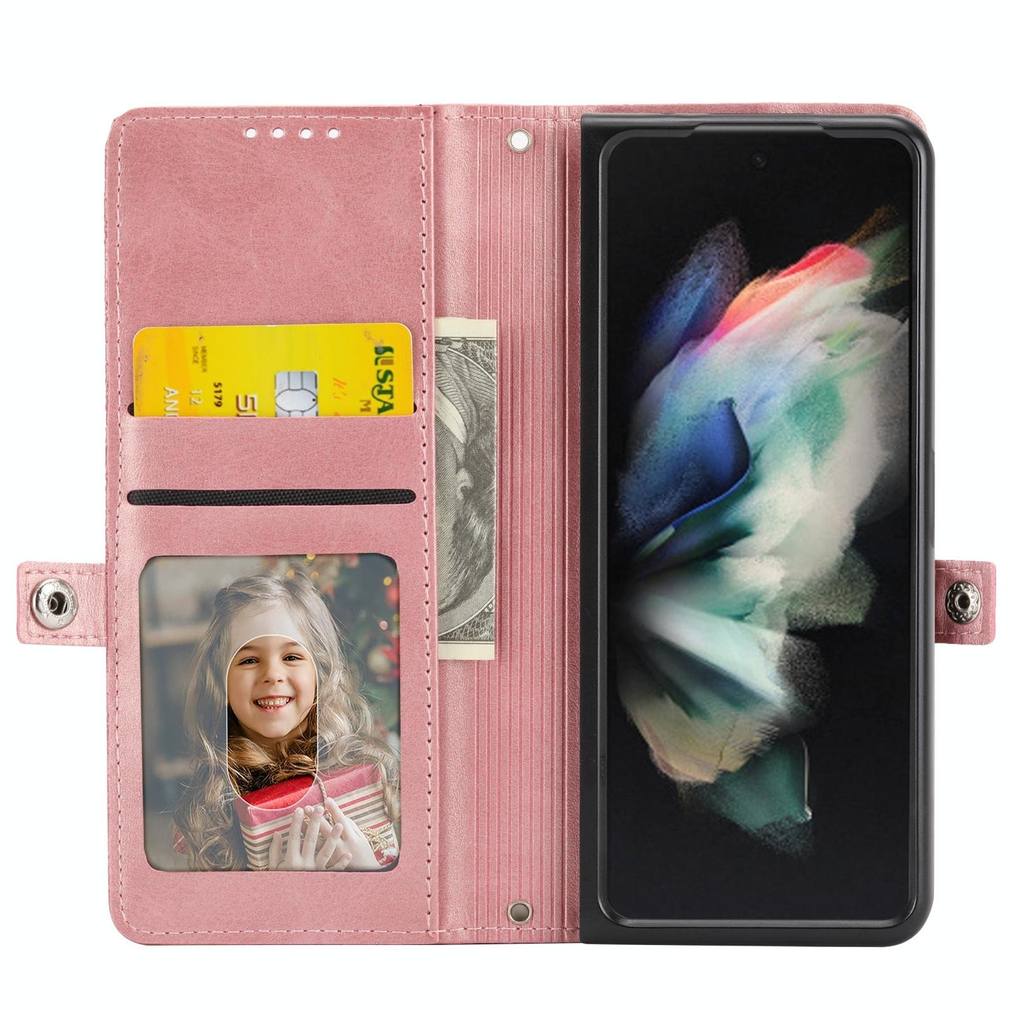 For Samsung Galaxy Z Fold4 5G Textured Leather Phone Case - Cubic Grid Design - Rose Gold