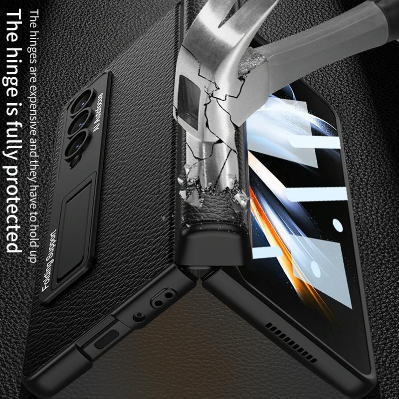 For Samsung Galaxy Z Fold4 5G Leather Phone Case With Foldable Hinge And Holder - Carbon Fibre Black