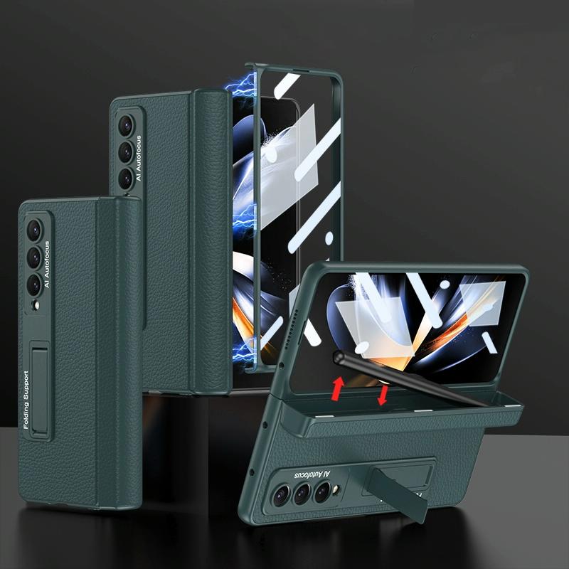 For Samsung Galaxy Z Fold4 5G Leather Phone Case With Foldable Hinge And Holder - Carbon Fibre Black