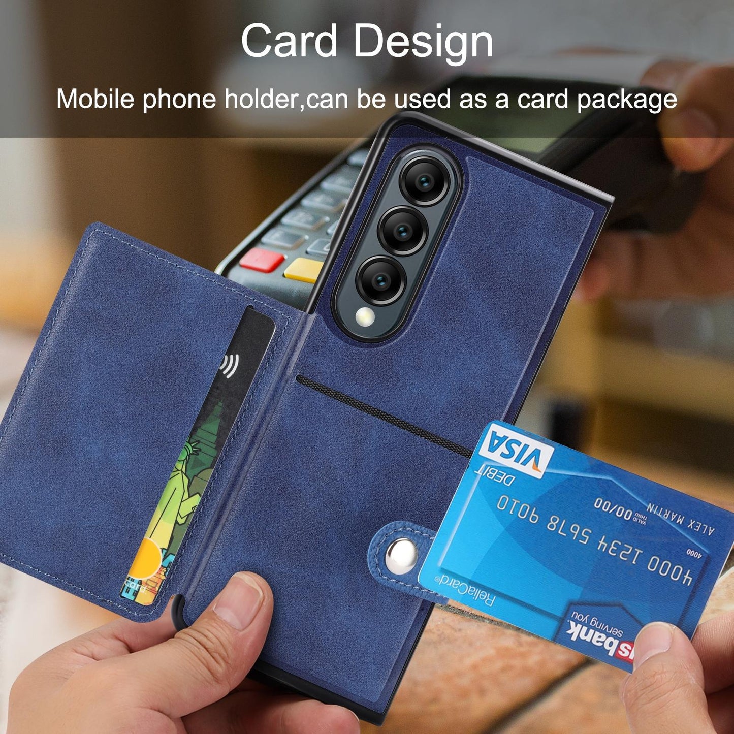 For Samsung Galaxy Z Fold4 5G Samsung Galaxy Z Fold4 Litchi Pattern Single Button Card Holder Phone Case - Blue