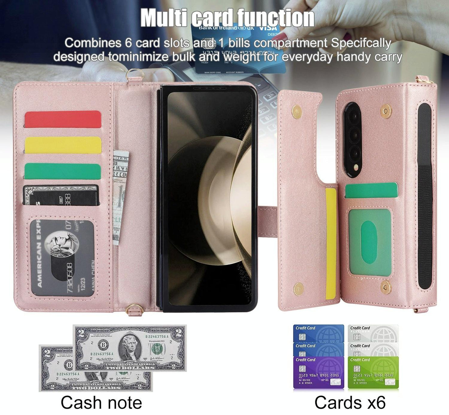 For Samsung Galaxy z Fold4 5G Multifunctional Rhombic Leather Crossbody Phone Case - Rose Gold