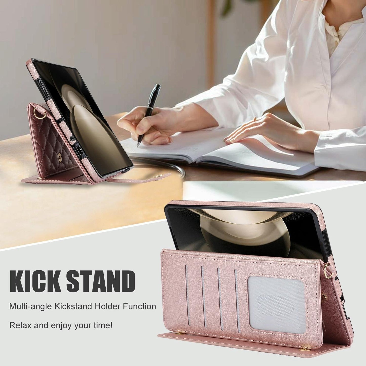 For Samsung Galaxy z Fold4 5G Multifunctional Rhombic Leather Crossbody Phone Case - Rose Gold